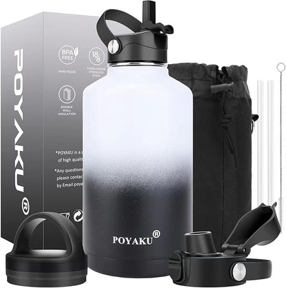 Water Bottle Insulated 32oz 40oz 64oz 128oz Straw Lid Spout Lid & 3 Lids by POYAKU