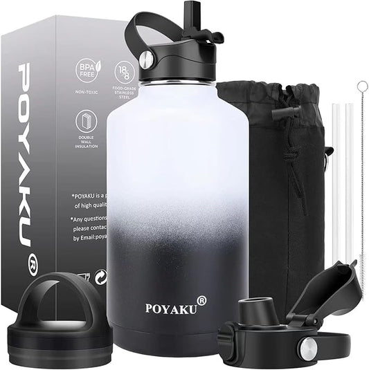 Water Bottle Insulated 32oz 40oz 64oz 128oz Straw Lid Spout Lid & 3 Lids by POYAKU