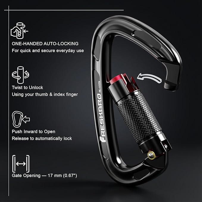 FresKaro UIAA Certified 25KN Auto Locking Climbing Carabiner Clips, Twist Lock - Image 3