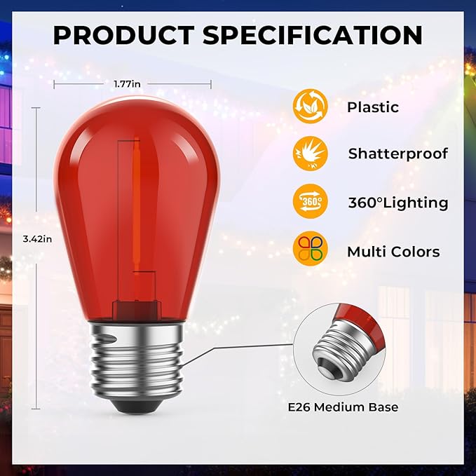 GvvooHome 15 Pack S14 Colored LED String Light Bulbs, 1W Plastic Shatterproof - Image 6