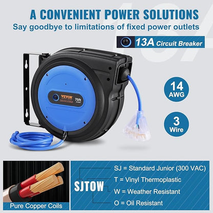 VEVOR 75FT Retractable Extension Cord Reel, 14AWG/3C SJTOW Heavy Duty Power - Image 4