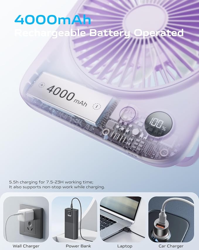 Otlonpe Portable Desk Fan 6.5 Inch, 4000mAh Rechargeable Battery Operated & USB - Image 4