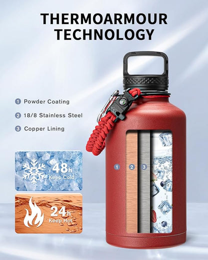 Trebo Water Bottle 64oz with Paracord Handle, Half Gallon Large Vacuum Triple - Image 2