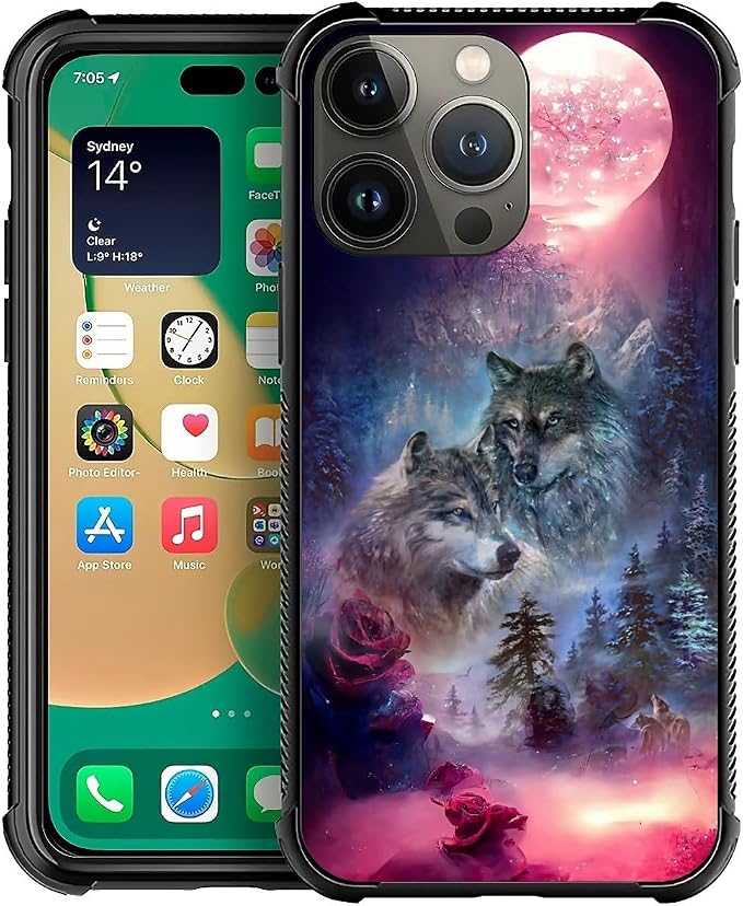 for iPhone 14 Pro Max Case, Star Two Wolfs Howling Pattern Graphic Design Girl by FKBRCL4U