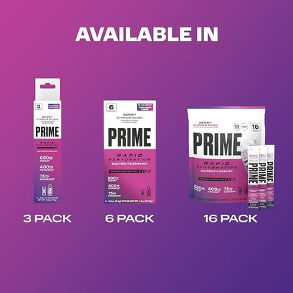 PRIME Rapid Rehydration Electrolyte Powder Sticks, Berry Citrus Rush, Sugar - Image 9
