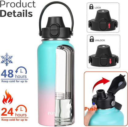 Water Bottle Insulated 32oz 40oz 64oz 128oz Straw Lid Spout Lid & 3 Lids - Image 3