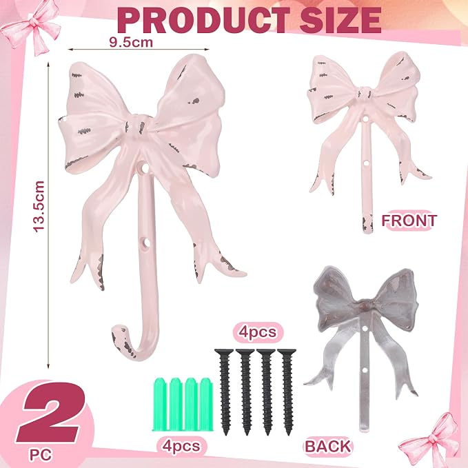 CroBlissful 2 Pcs Coquette Iron Pink Bow Hook Home Decorative Multi-Purpose - Image 2