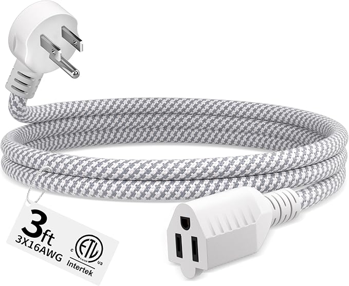 16 Gauge Braided Extension Cord 3 FT, 16/3 Flat Plug Power Cord Indoor by Seeklyze