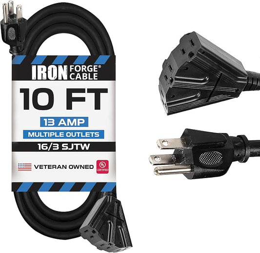 Iron Forge Cable 3 Outlet Outdoor Extension Cord 10 ft, 16/3 SJTW Black by IronForgeCable