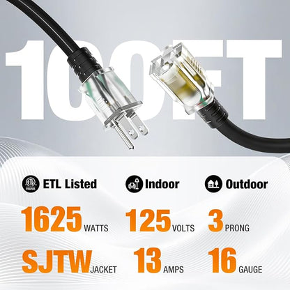100 FT Outdoor Extension Cord Waterproof, 16/3 Gauge Heavy Duty 3 Prong Power - Image 2