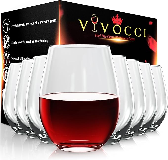 Vivocci Unbreakable Plastic Stemless Outdoor Wine Glasses 20 oz | Tritan Heavy by Vivocci