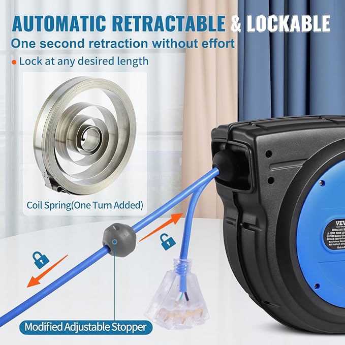 VEVOR 65FT Retractable Extension Cord Reel, 12AWG/3C SJTOW Heavy Duty Power - Image 5