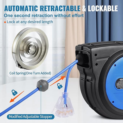 VEVOR 65FT Retractable Extension Cord Reel, 12AWG/3C SJTOW Heavy Duty Power - Image 5
