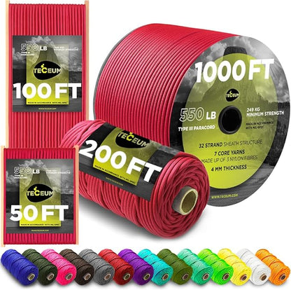 TECEUM 5/32" Paracord Rope 1000 – 1000ft / 200ft / 100ft / 50ft – Tactical by TECEUM