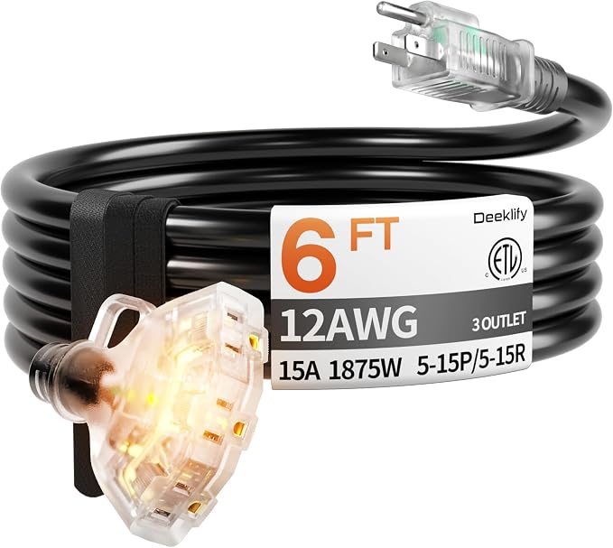 6 ft 12 Gauge 3 Outlet Extension Cord Splitter by Deeklify