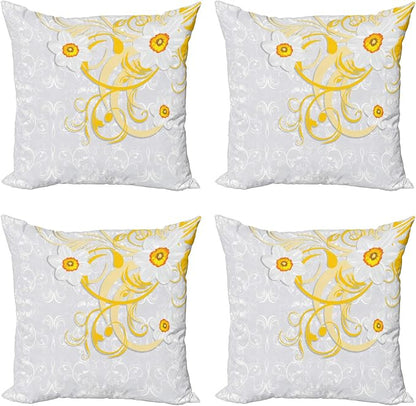 Ambesonne Daffodil Throw Pillow Cushion Case Pack of 4, Daffodils on Ornate by Ambesonne