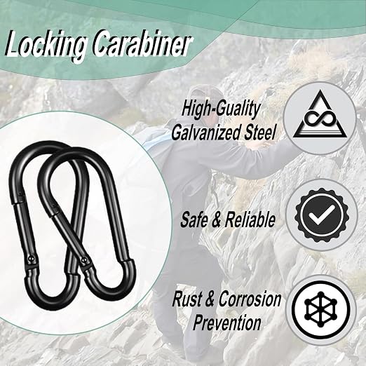 Black Carabiner, Heavy Duty Galvanized Steel Spring Snap Hook Carabiner Clips - Image 3