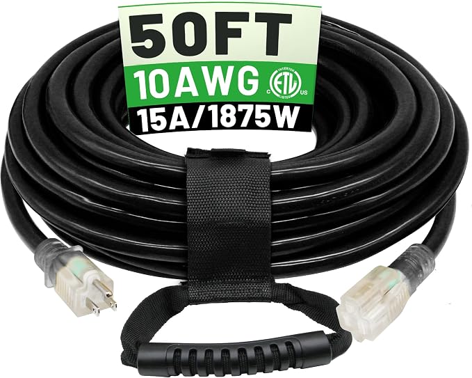 POWGRN 50 Ft 10AWG Black Outdoor Extension Cord Waterproof Heavy Duty 10 Gauge by POWGRN