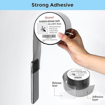 Secopad Black Window Screen Repair Tape, 4IN X 25FT Screen Repair Kit - Image 2