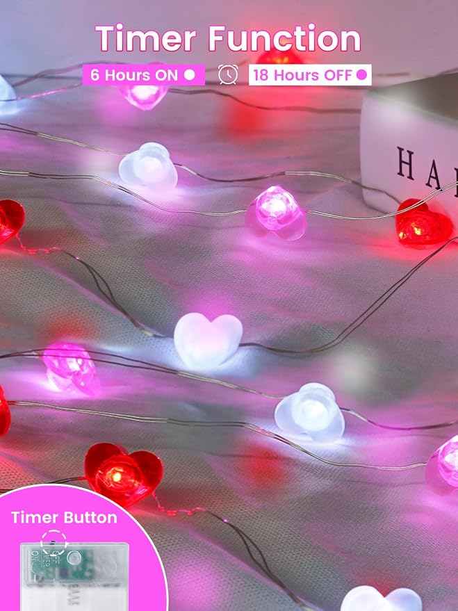 Red Pink White Heart Fairy Lights Battery Operated - Image 2