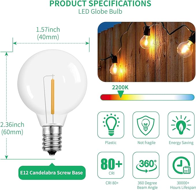 Meconard G40 1.57 Inch Led Replacement Light Bulbs, E12 Screw Base Shatterproof - Image 2