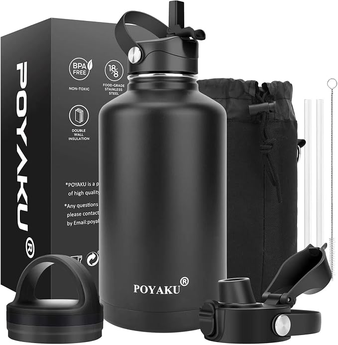 Water Bottle Insulated 32oz 40oz 64oz 128oz Straw Lid Spout Lid & 3 Lids by POYAKU