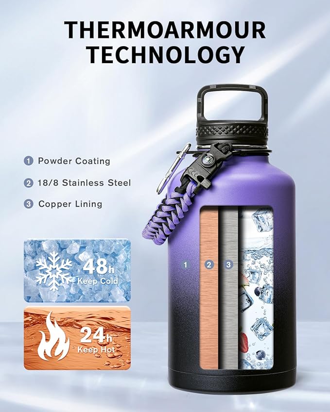 Trebo Water Bottle 64oz with Paracord Handle, Half Gallon Large Vacuum Triple - Image 2