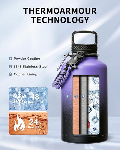 Trebo Water Bottle 64oz with Paracord Handle, Half Gallon Large Vacuum Triple - Image 2