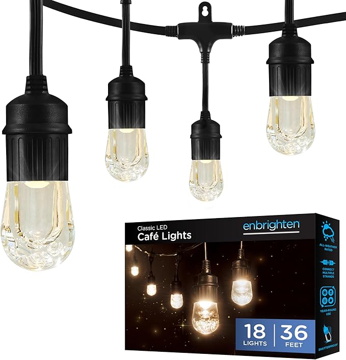 Enbrighten Classic Warm White String Lights, 36ft Black Cord, 18 Shatterproof by Enbrighten