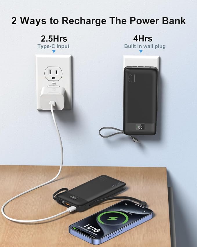 Portable Charger Built-in Cables and AC Wall Plug, 10000mAh 22.5W PD Fast - Image 7