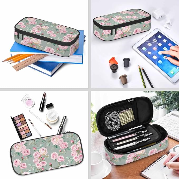 Pink Blooming Flower Pencil Holder Bag Roses Peonies Bouquets Leaves Garden - Image 6