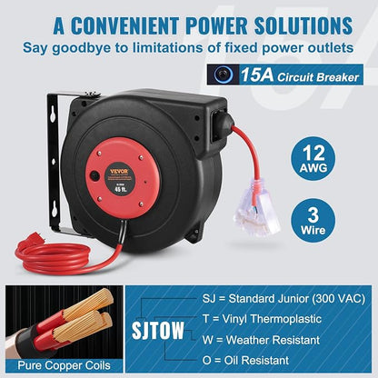 VEVOR Retractable Extension Cord Reel, 45 FT, Heavy Duty 12AWG/3C SJTOW - Image 4