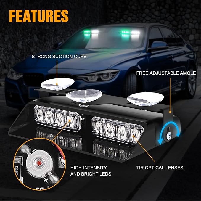 XRIDONSEN 2 in 1 Green White Dash Emergency Strobe Lights Interior Windshield - Image 3