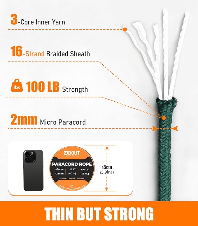 DDOUT 2mm Paracord 100lb, Thin Micro Paracord Rope, DKGreen 125FT Nylon Cord - Image 2