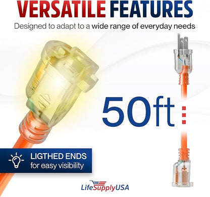 50ft Outdoor/Indoor Extension Cord 16/3 Gauge Heavy Duty 3 Prong SJTW, - Image 6