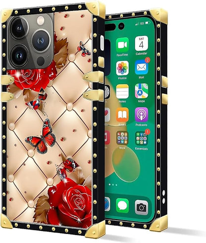 Compatible with iPhone 14 Pro Case, Shining Red Rose Butterfly Leather - Image 2