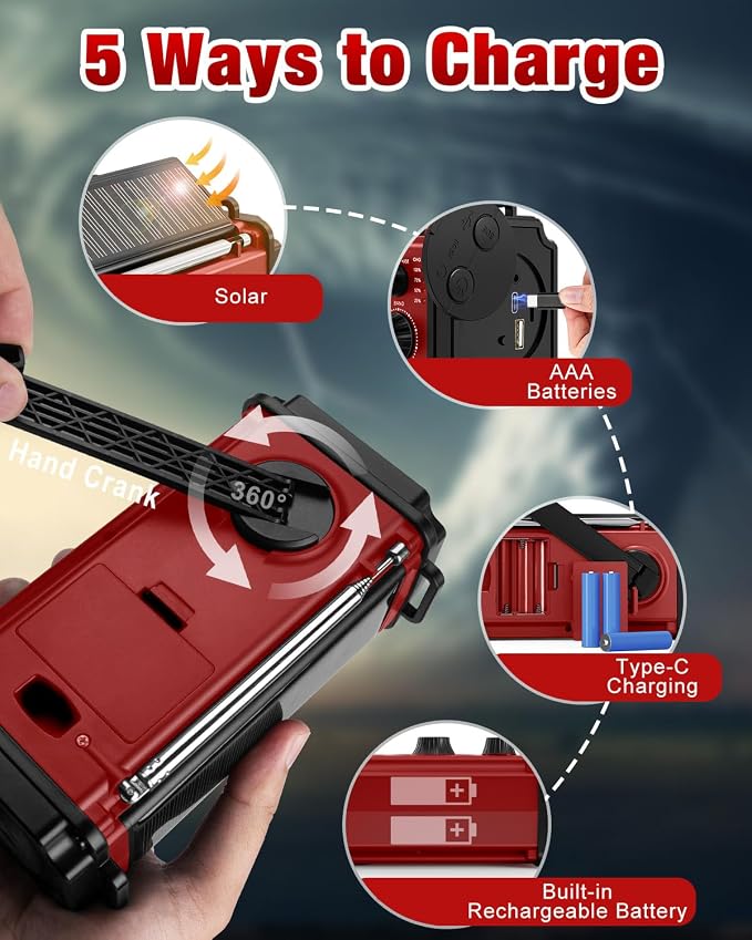 10000wAh/37000mWh Emergency Hand Crank Radio, Solar AM FM NOAA Weather Radio - Image 4