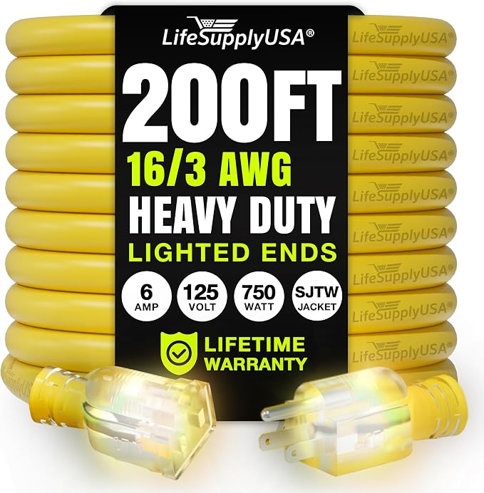 200ft Outdoor/Indoor Extension Cord 16/3 Gauge Heavy Duty 3 Prong SJTW by LifeSupplyUSA