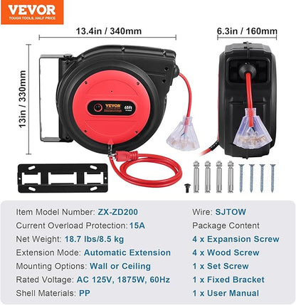 VEVOR Retractable Extension Cord Reel, 65 FT, Heavy Duty 12AWG/3C SJTOW - Image 7