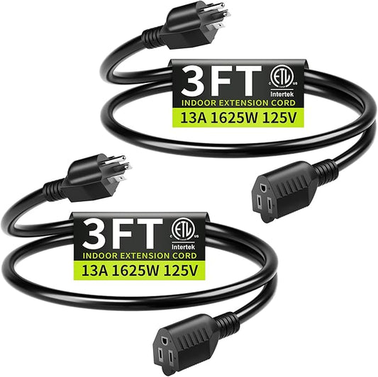 3FT 13A 125V 1625W ETL Listed, 16/3 Indoor Extension Cord Black, Short by Seeklyze