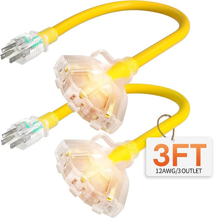 3 ft 12 Gauge Heavy Duty 3 Outlet Extension Cord Splitter by Deeklify