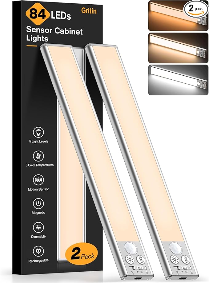Gritin 10.2inch Under Cabinet Lighting Rechargeable 2 Pack- 3 Color Temps&5 by Gritin