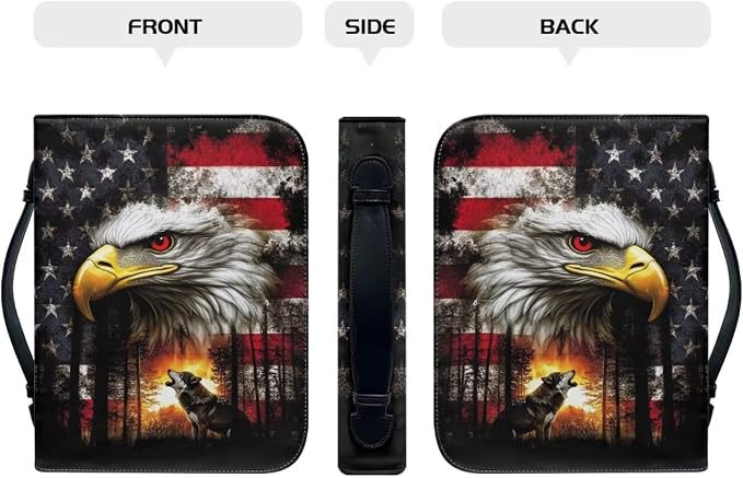 XL Bible Cover Case for Women Men American Flag Wolf Bald Eagle Print PU - Image 2