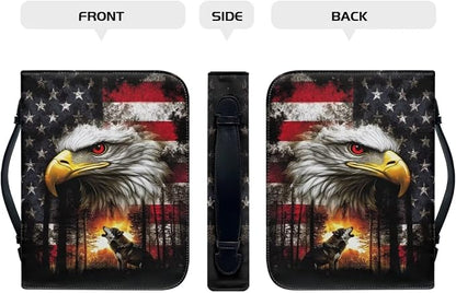 XL Bible Cover Case for Women Men American Flag Wolf Bald Eagle Print PU - Image 2