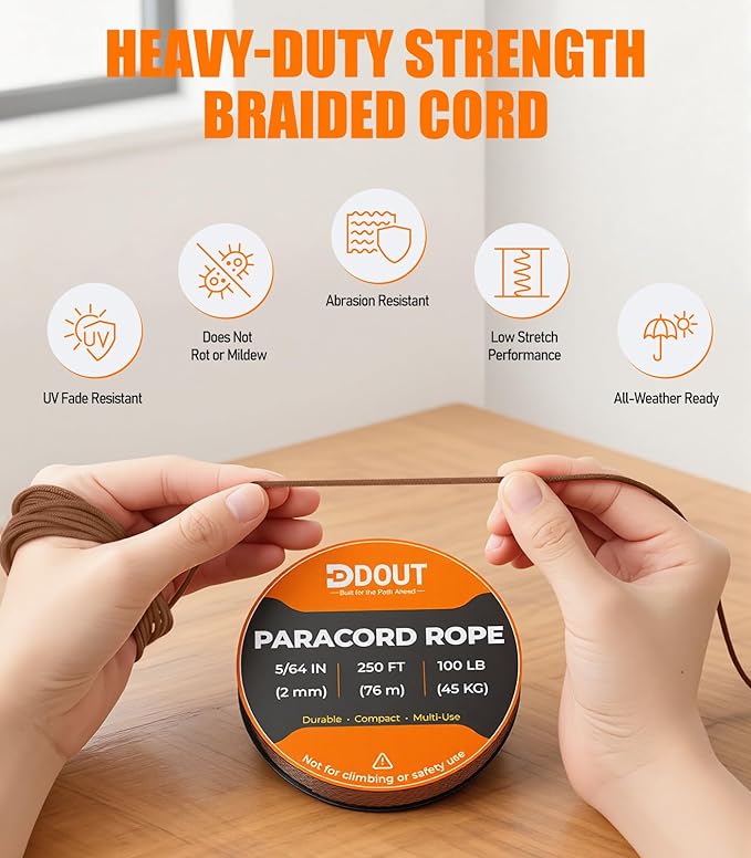 DDOUT 2mm Paracord 100lb, Thin Micro Paracord Rope, Tan 250FT Nylon Cord - Image 3