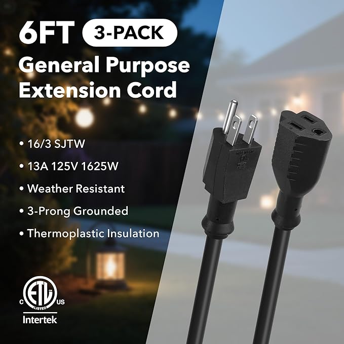BN-LINK 6ft Indoor Outdoor Extension Cord 16/3 SJTW, 3 Pack, Weather Resistant - Image 2