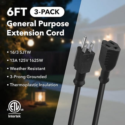 BN-LINK 6ft Indoor Outdoor Extension Cord 16/3 SJTW, 3 Pack, Weather Resistant - Image 2