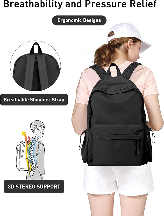BJLFS Black School Backpack for Girls Women, Waterproof High School Book Bag - Image 4