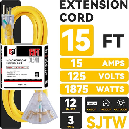 EP 15 Ft 12 Gauge Heavy Duty Extension Cord, 15A 125V 1875W, 3 Outlet - Image 2