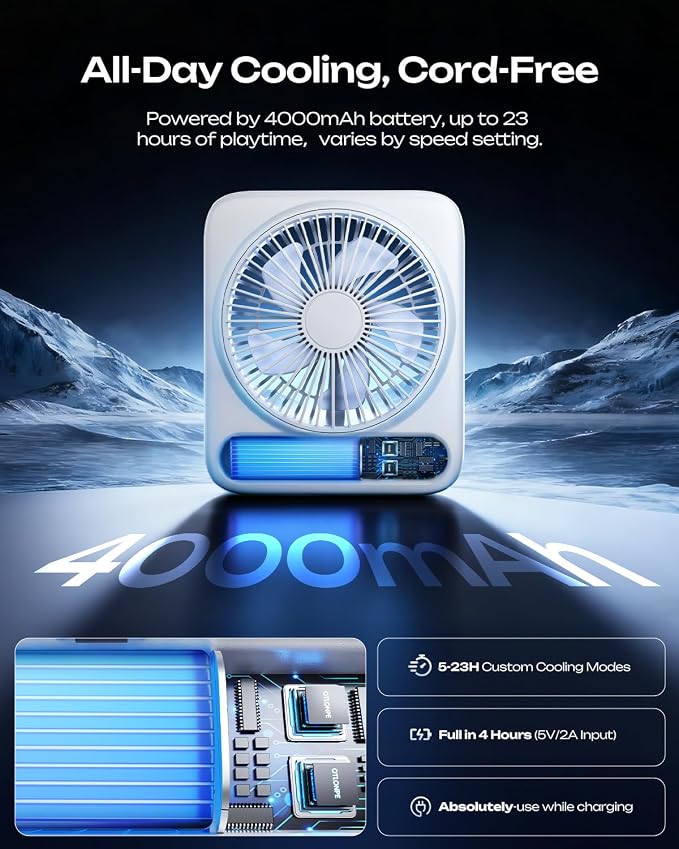 Otlonpe Personal Portable Desk Fan, 4000mAh Small Rechargeable Portable Fan - Image 3